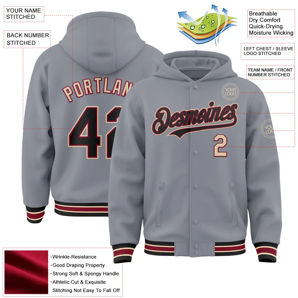 Custom Gray Black Crimson-City Cream Bomber Full-Snap Varsity Letterman Hoodie Jacket