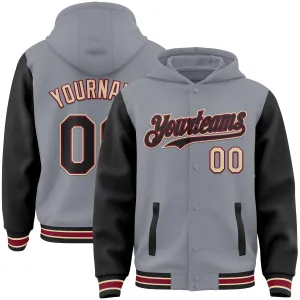 Custom Gray Black Crimson-City Cream Bomber Full-Snap Varsity Letterman Two Tone Hoodie Jacket