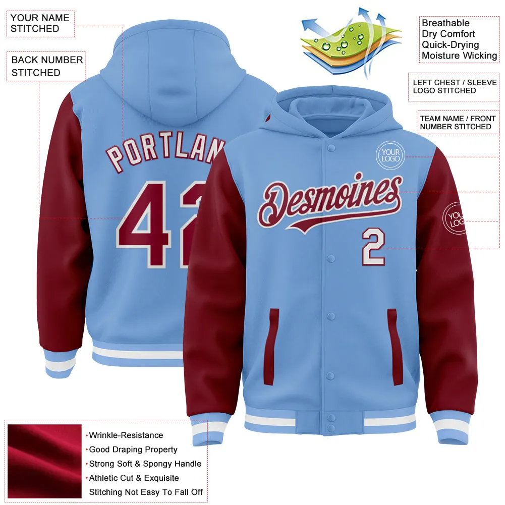 Custom Light Blue Crimson-White Bomber Full-Snap Varsity Letterman Two Tone Hoodie Jacket