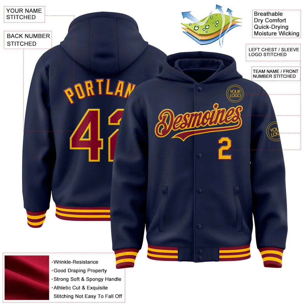 Custom Navy Crimson-Gold Bomber Full-Snap Varsity Letterman Hoodie Jacket