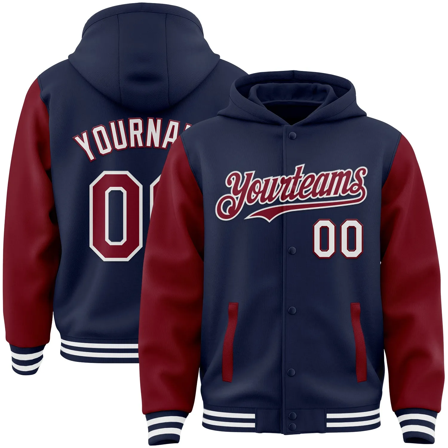 Custom Navy Crimson-White Bomber Full-Snap Varsity Letterman Two Tone Hoodie Jacket