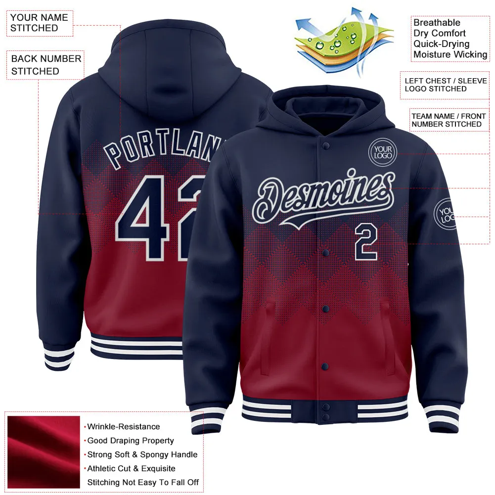 Custom Navy Crimson-White Gradient Square Shape 3D Pattern Design Bomber Full-Snap Varsity Letterman Hoodie Jacket