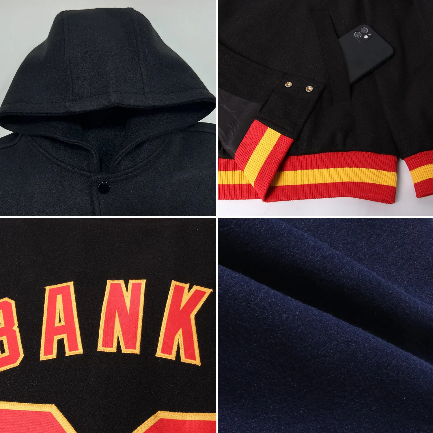 Custom Navy Gold-Crimson Bomber Full-Snap Varsity Letterman Two Tone Hoodie Jacket