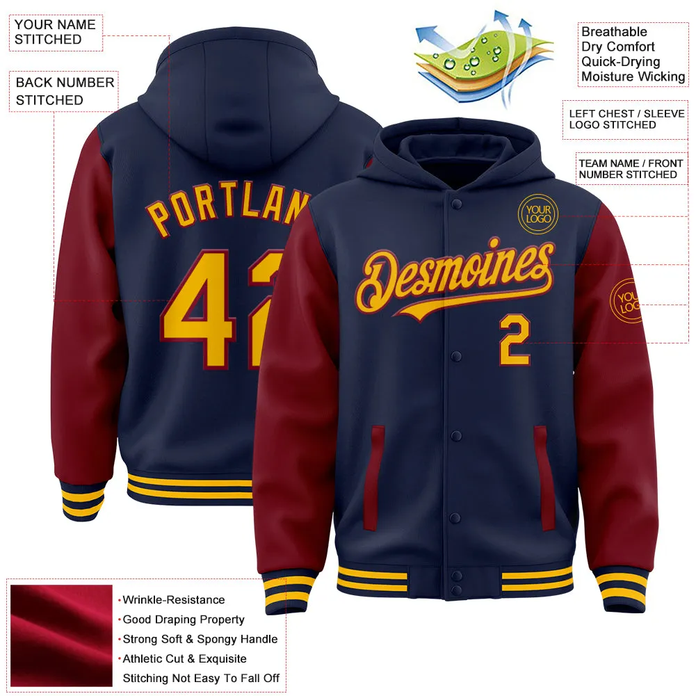 Custom Navy Gold-Crimson Bomber Full-Snap Varsity Letterman Two Tone Hoodie Jacket