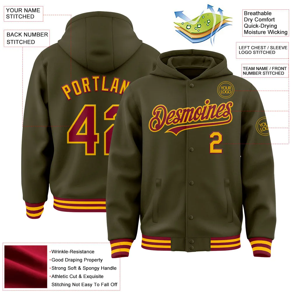 Custom Olive Crimson-Gold Bomber Full-Snap Varsity Letterman Salute To Service Hoodie Jacket