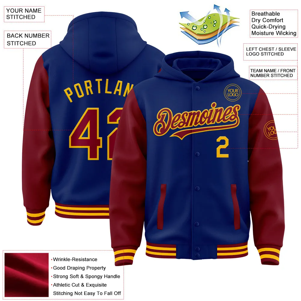 Custom Royal Crimson-Gold Bomber Full-Snap Varsity Letterman Two Tone Hoodie Jacket