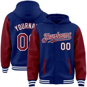 Custom Royal Crimson-White Bomber Full-Snap Varsity Letterman Two Tone Hoodie Jacket