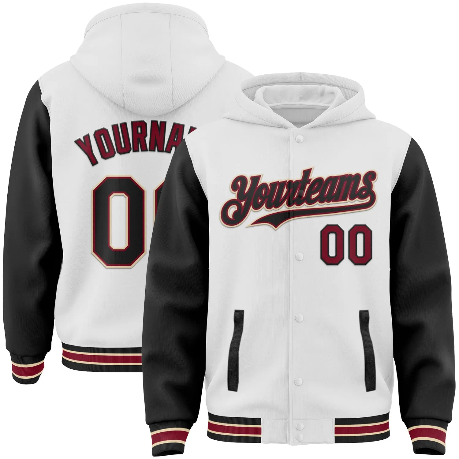 Custom White Black Crimson-City Cream Bomber Full-Snap Varsity Letterman Two Tone Hoodie Jacket