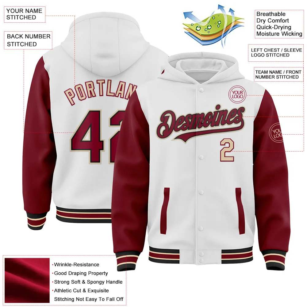 Custom White Crimson Black-City Cream Bomber Full-Snap Varsity Letterman Two Tone Hoodie Jacket