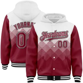 Custom White Crimson-Black Gradient Square Shape 3D Pattern Design Bomber Full-Snap Varsity Letterman Hoodie Jacket