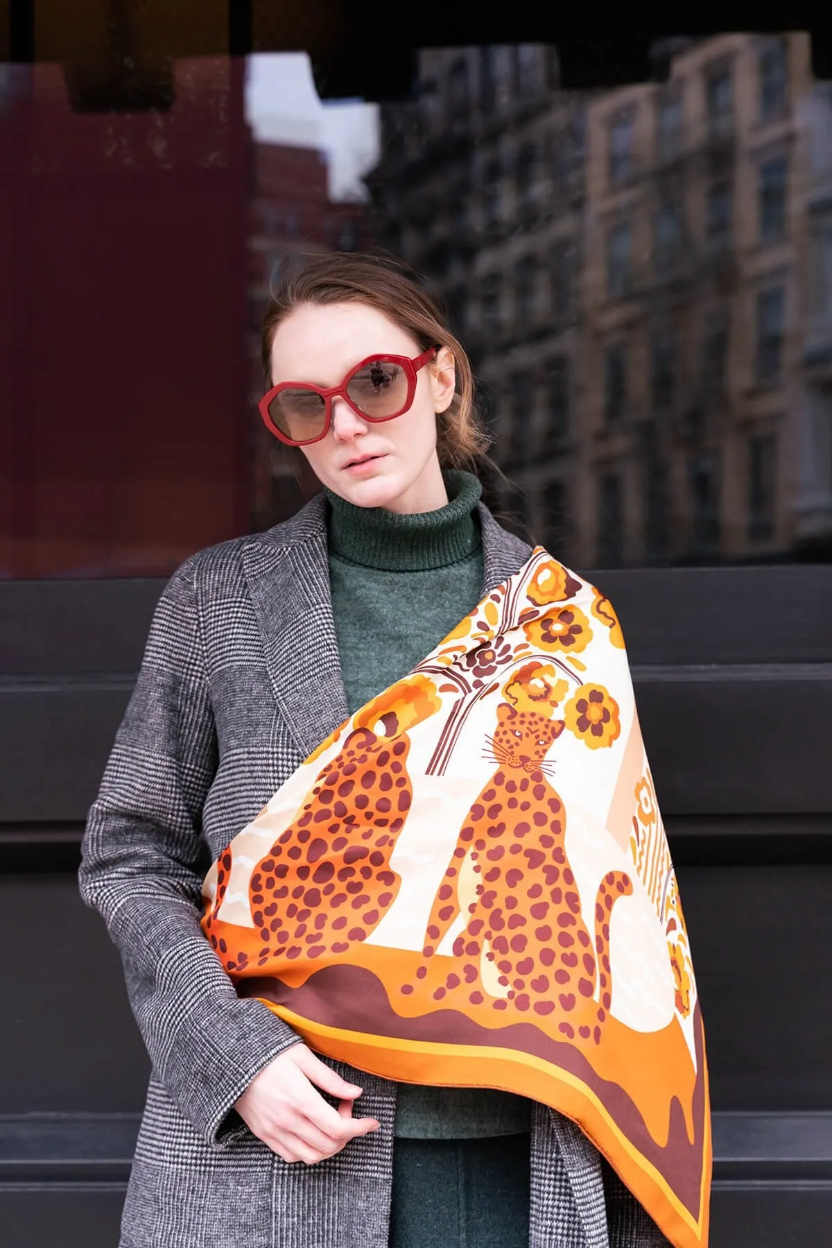 Double Sided Silk Scarf Of Leopards With Floral Fountain