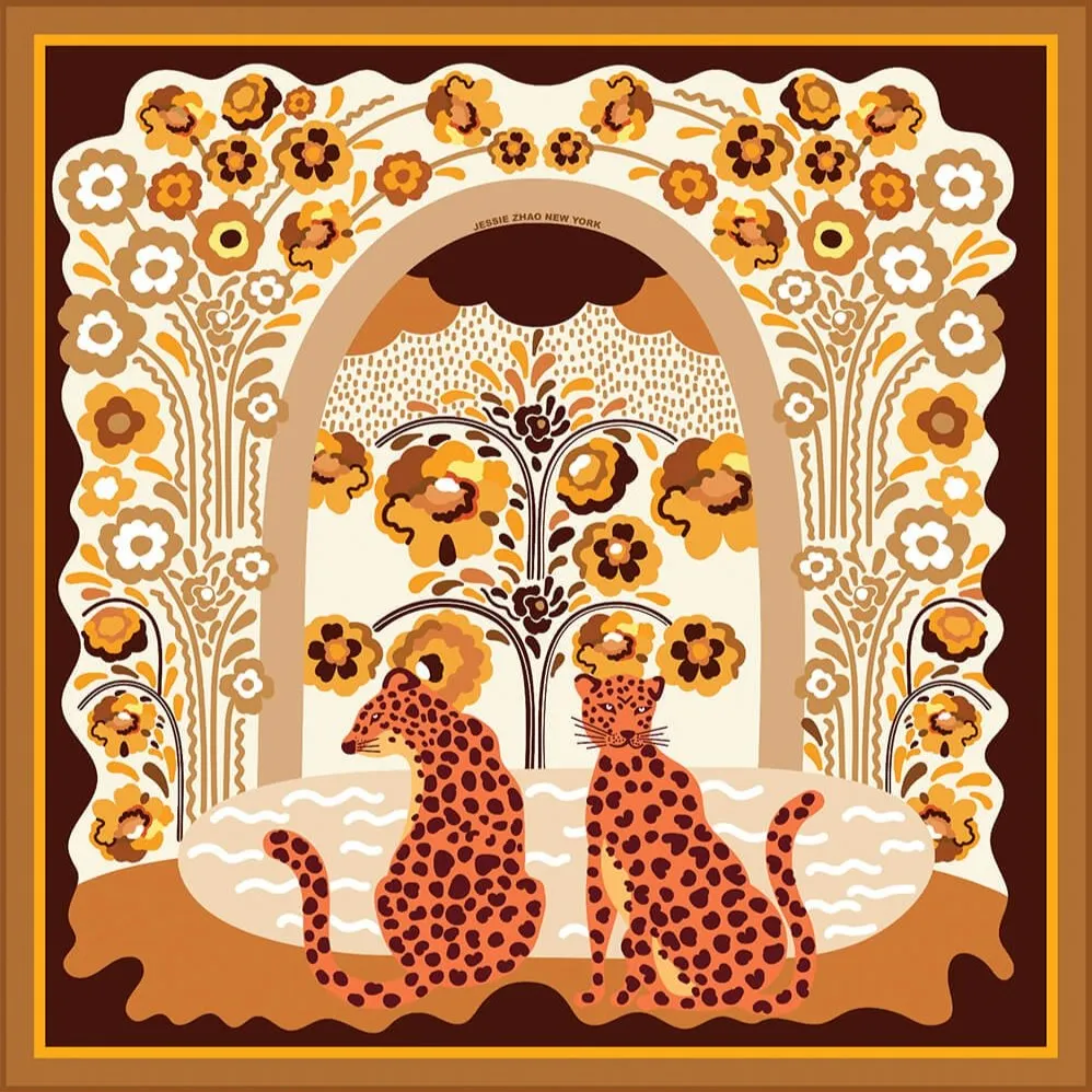 Double Sided Silk Scarf Of Leopards With Floral Fountain