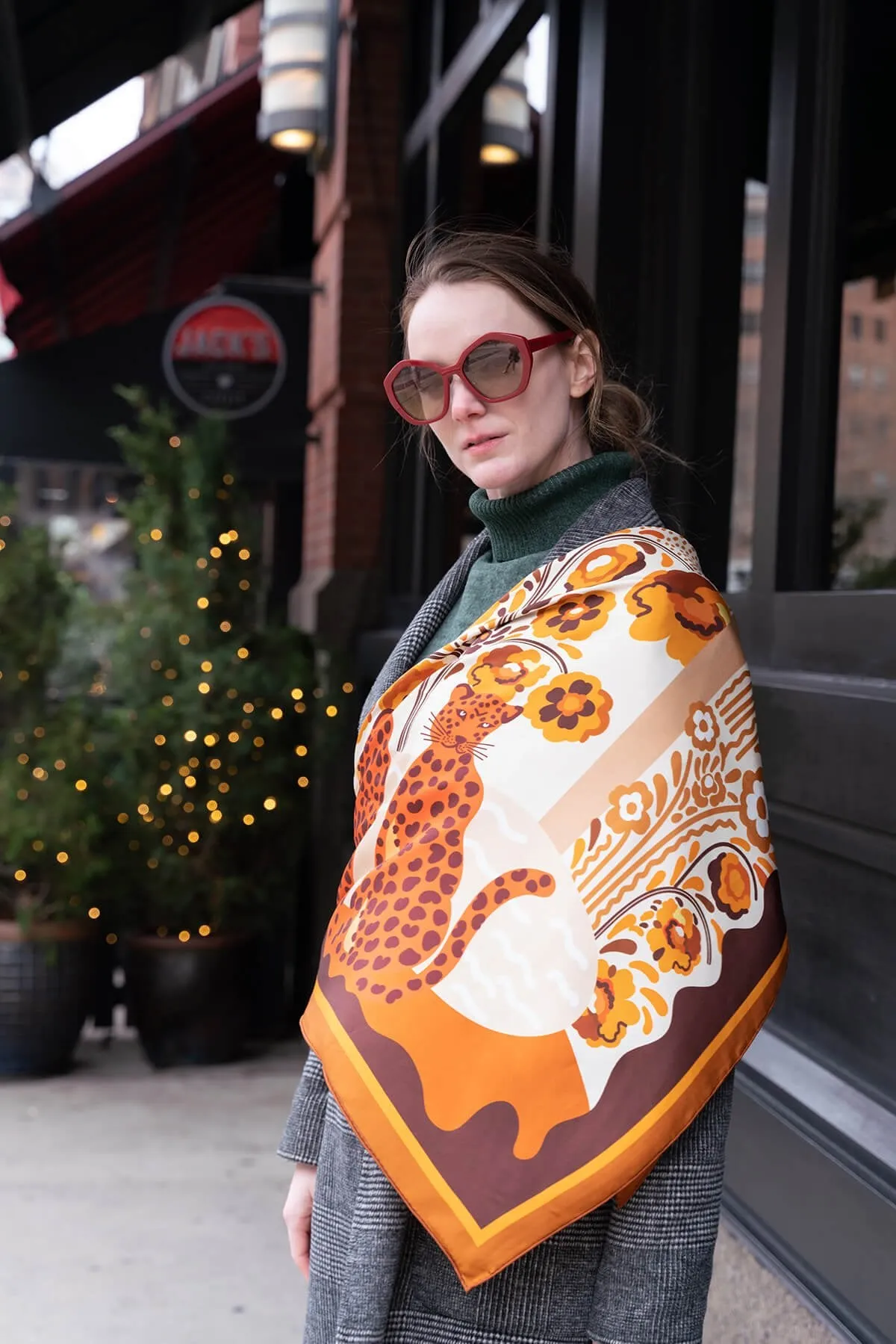 Double Sided Silk Scarf Of Leopards With Floral Fountain