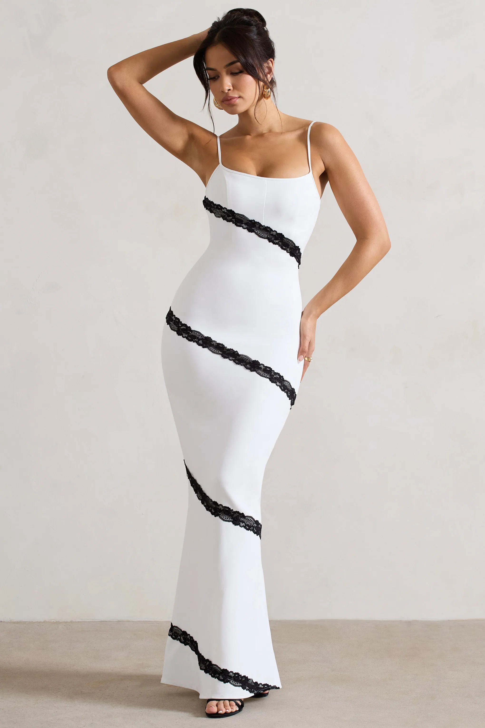 Elizabeth | White & Black Strappy Lace-Trimmed Maxi Dress