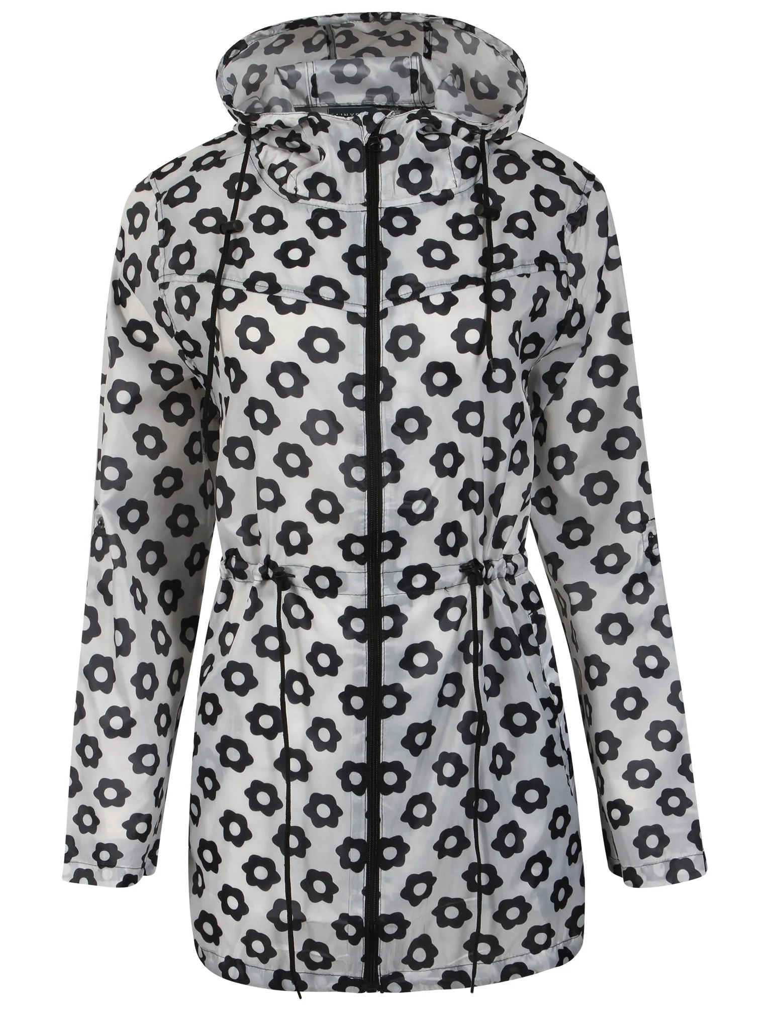 Ella Pac A Mac Lightweight Jacket in Black / White Daisy Print