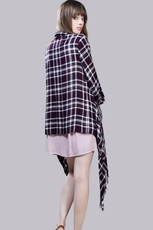 En Creme Purple Plaid Fringe Long Sleeve Cardigan