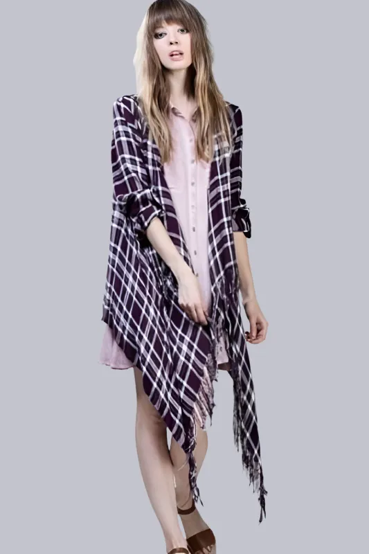 En Creme Purple Plaid Fringe Long Sleeve Cardigan