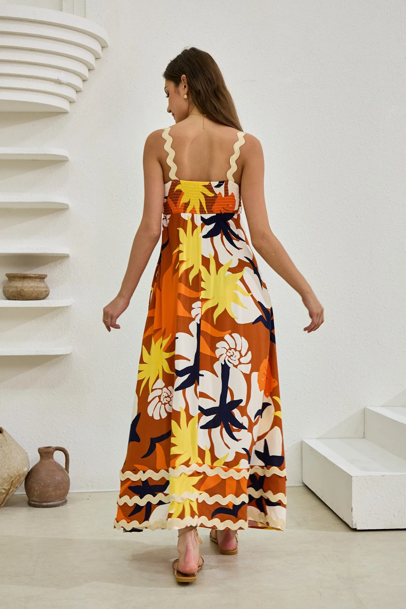 Esmeralda Orange Abstract Ric Rac Maxi Dress