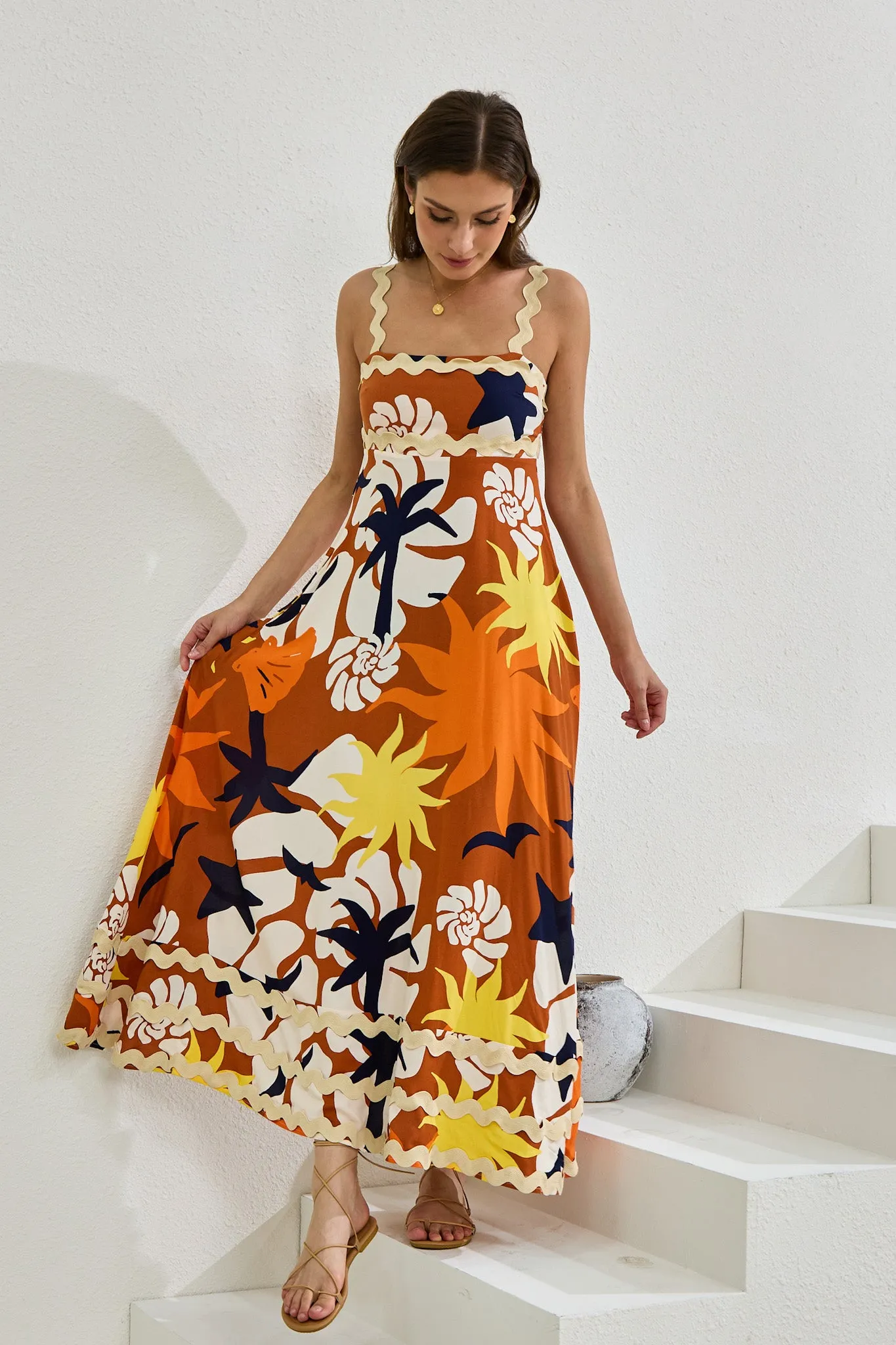 Esmeralda Orange Abstract Ric Rac Maxi Dress