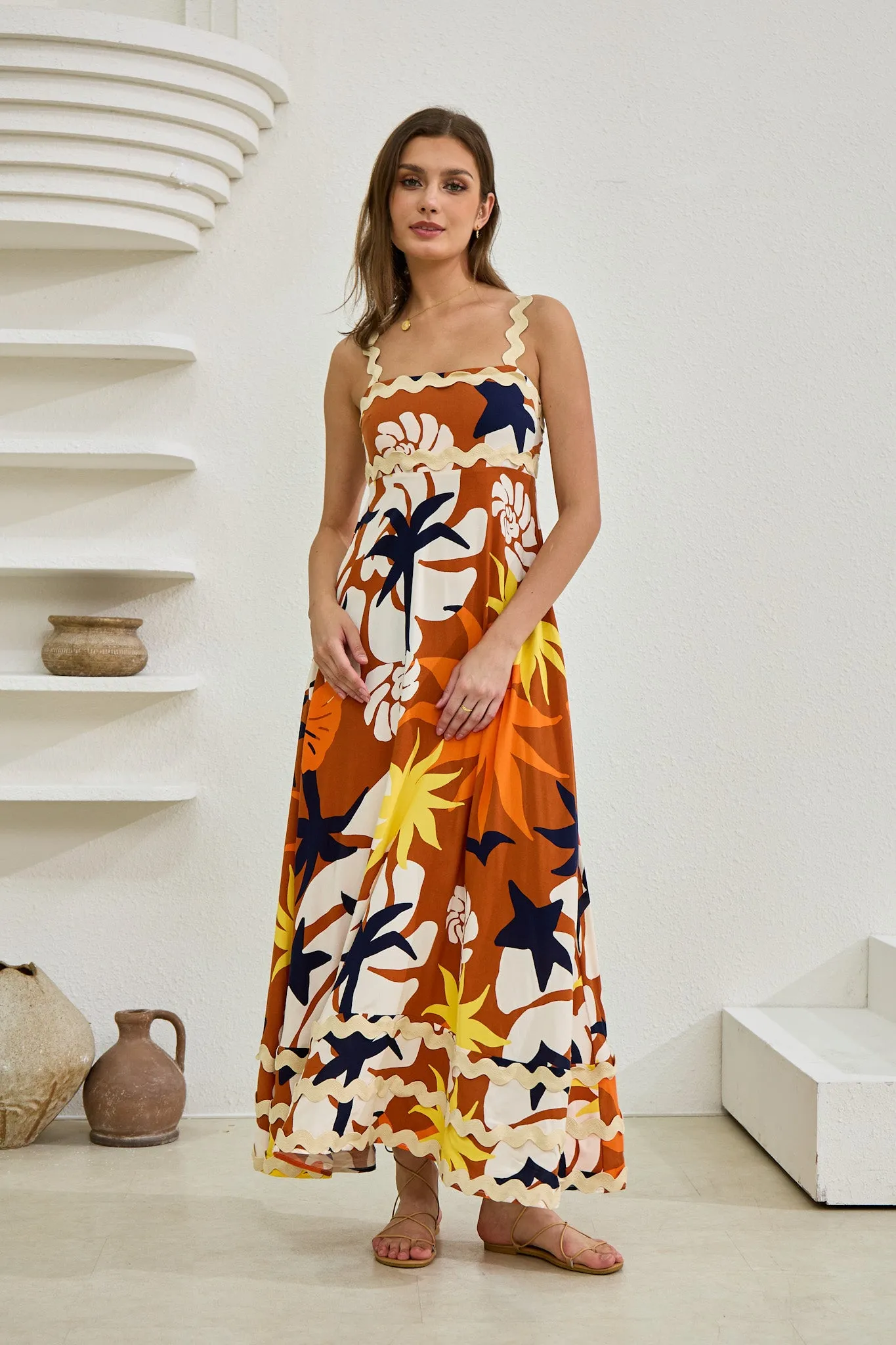 Esmeralda Orange Abstract Ric Rac Maxi Dress