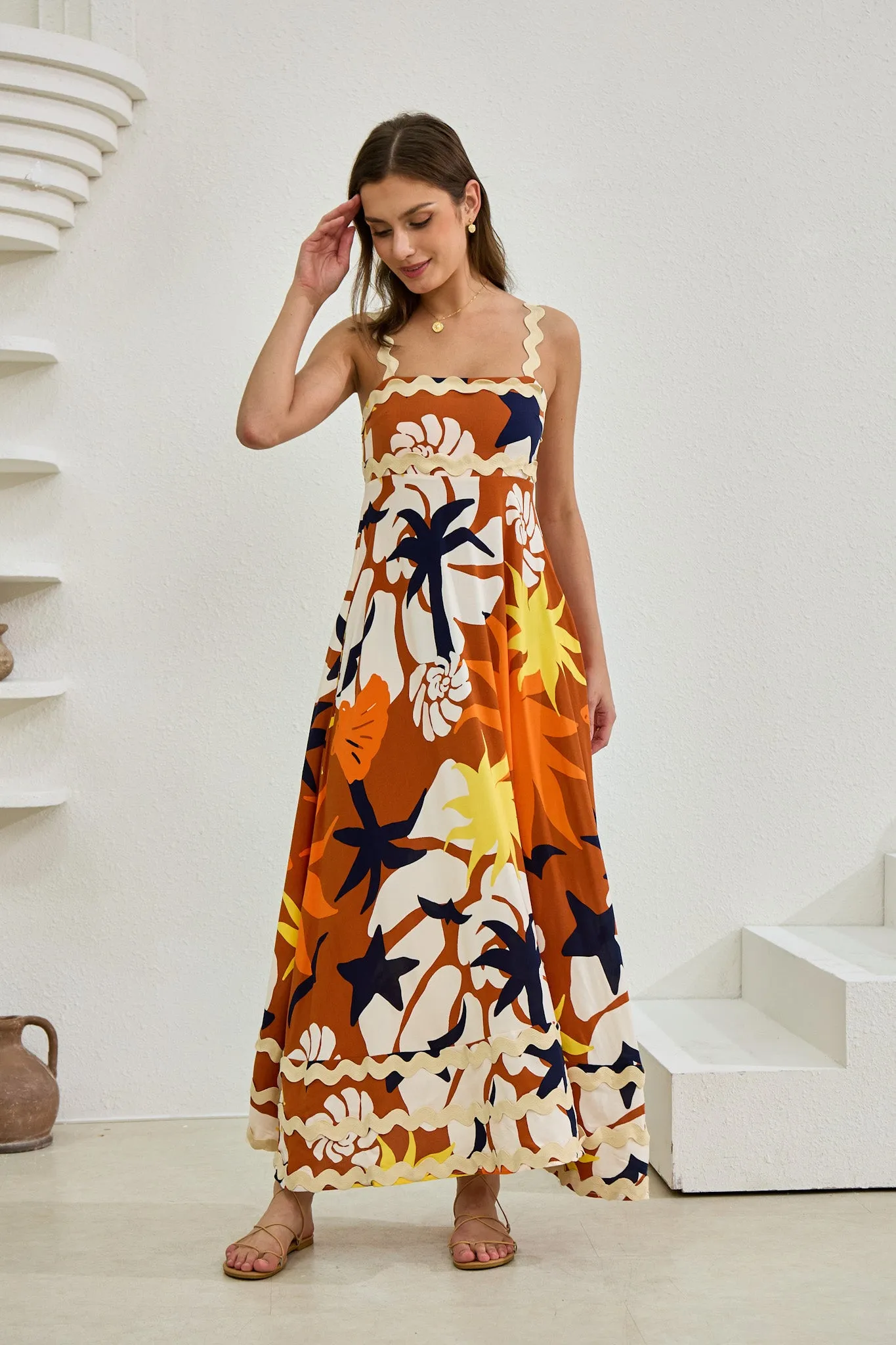 Esmeralda Orange Abstract Ric Rac Maxi Dress