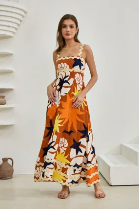 Esmeralda Orange Abstract Ric Rac Maxi Dress