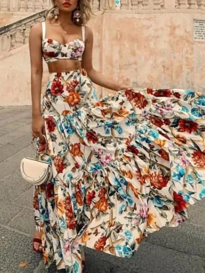 Euro Flower Smocked Waist Flounce Hem Maxi Dress