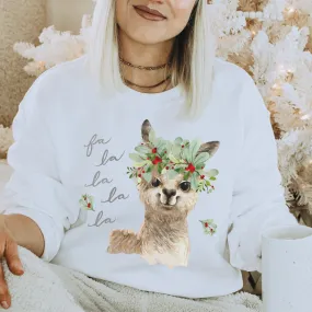 Fa La La La Llama Crewneck Sweatshirt Women's Winter Watercolor Llama Design Ash or White Cozy Gildan Sweatshirt