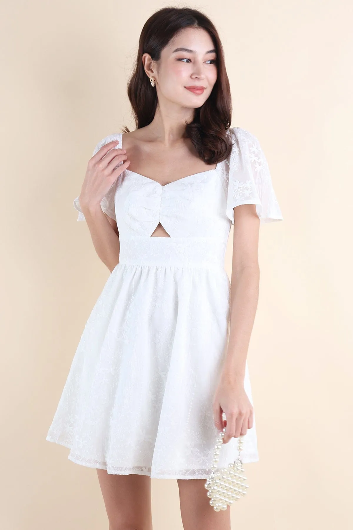 FIDELIA FLUTTERS CUT-OUT DRESS IN WHITE