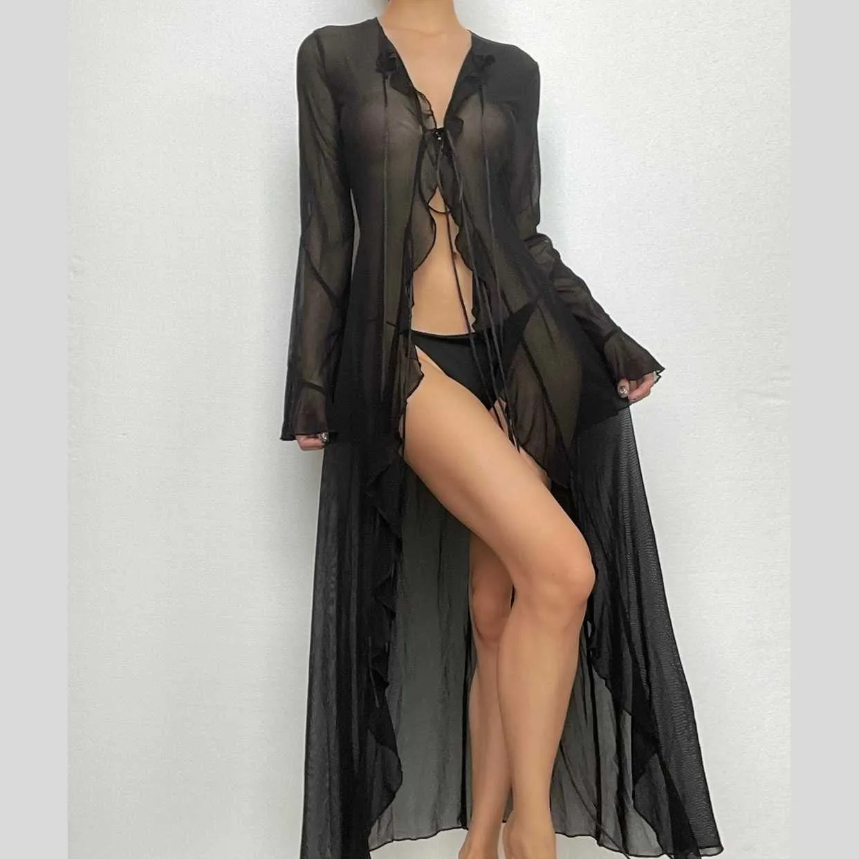 Flared sleeve ruffle sheer mesh see through self tie maxi dress