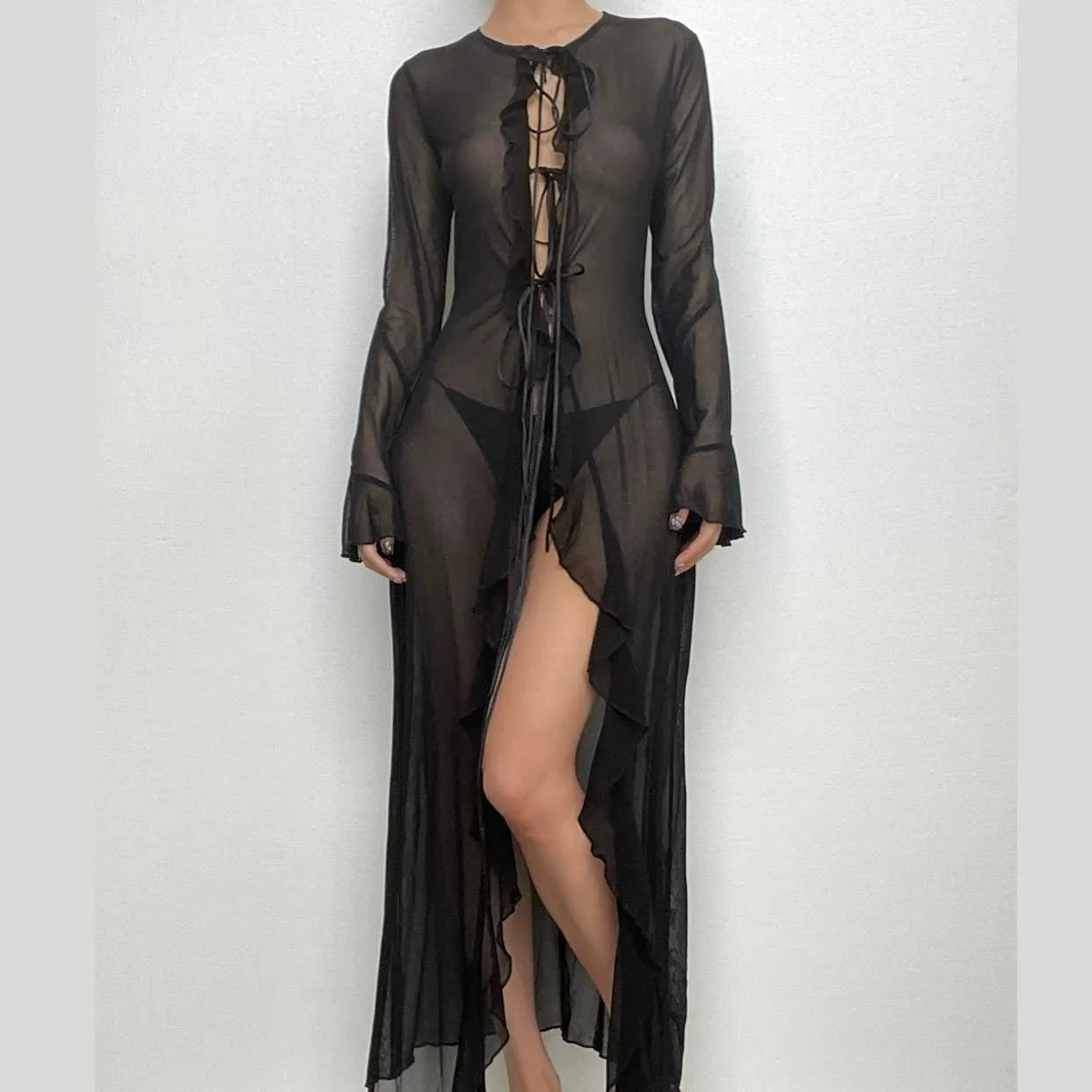 Flared sleeve ruffle sheer mesh see through self tie maxi dress