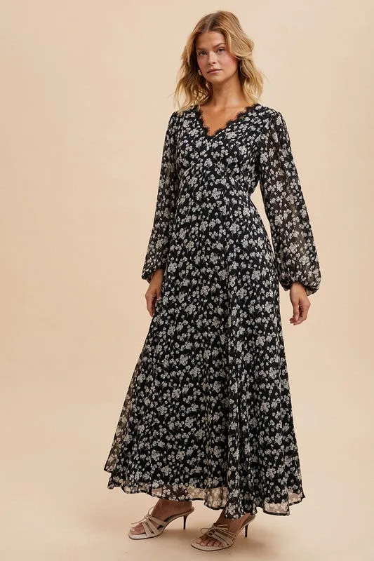 Floral Lace Maxi Dress - Black