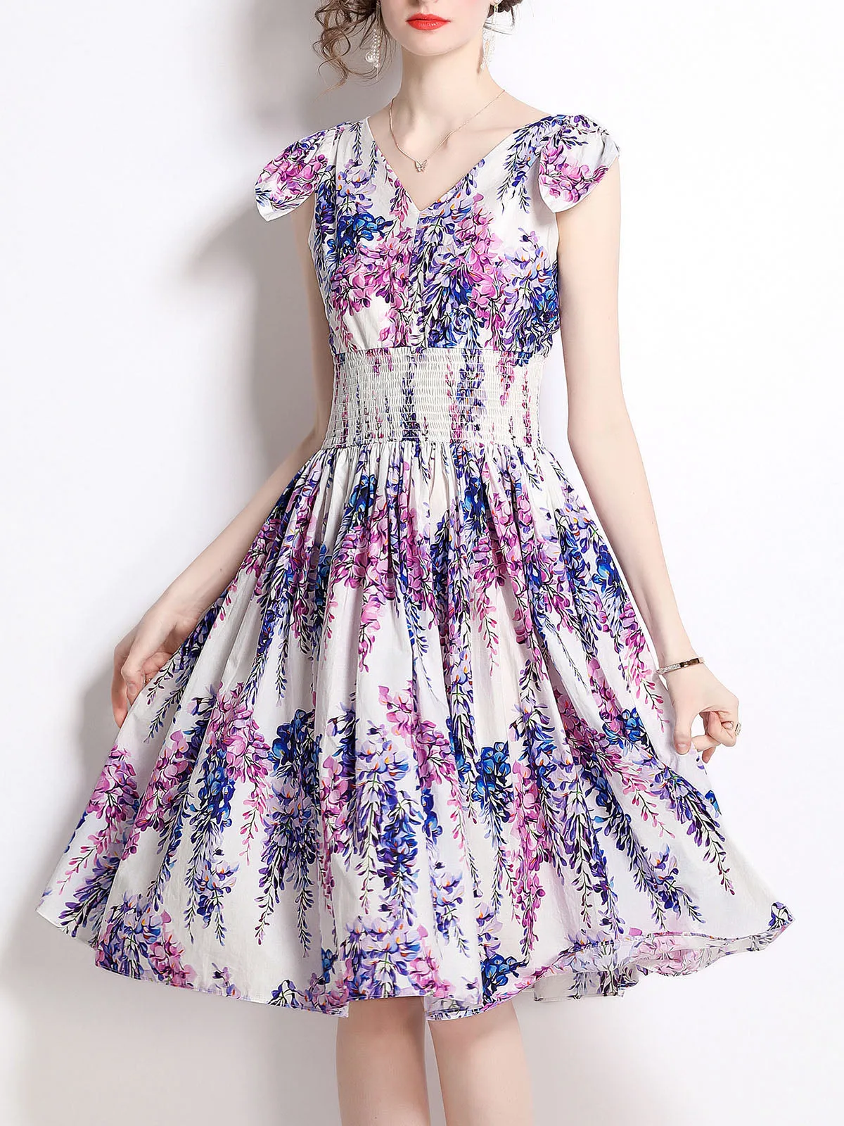 Floral Printed V Neck Sleeveless Stretchable Waist Swing Midi Boho Dress