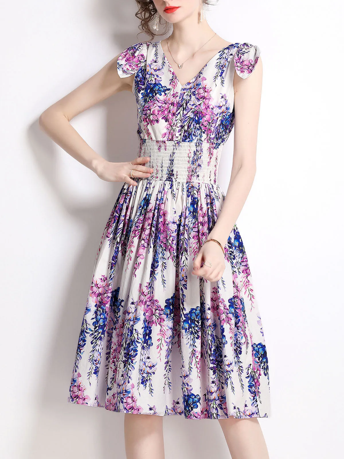 Floral Printed V Neck Sleeveless Stretchable Waist Swing Midi Boho Dress