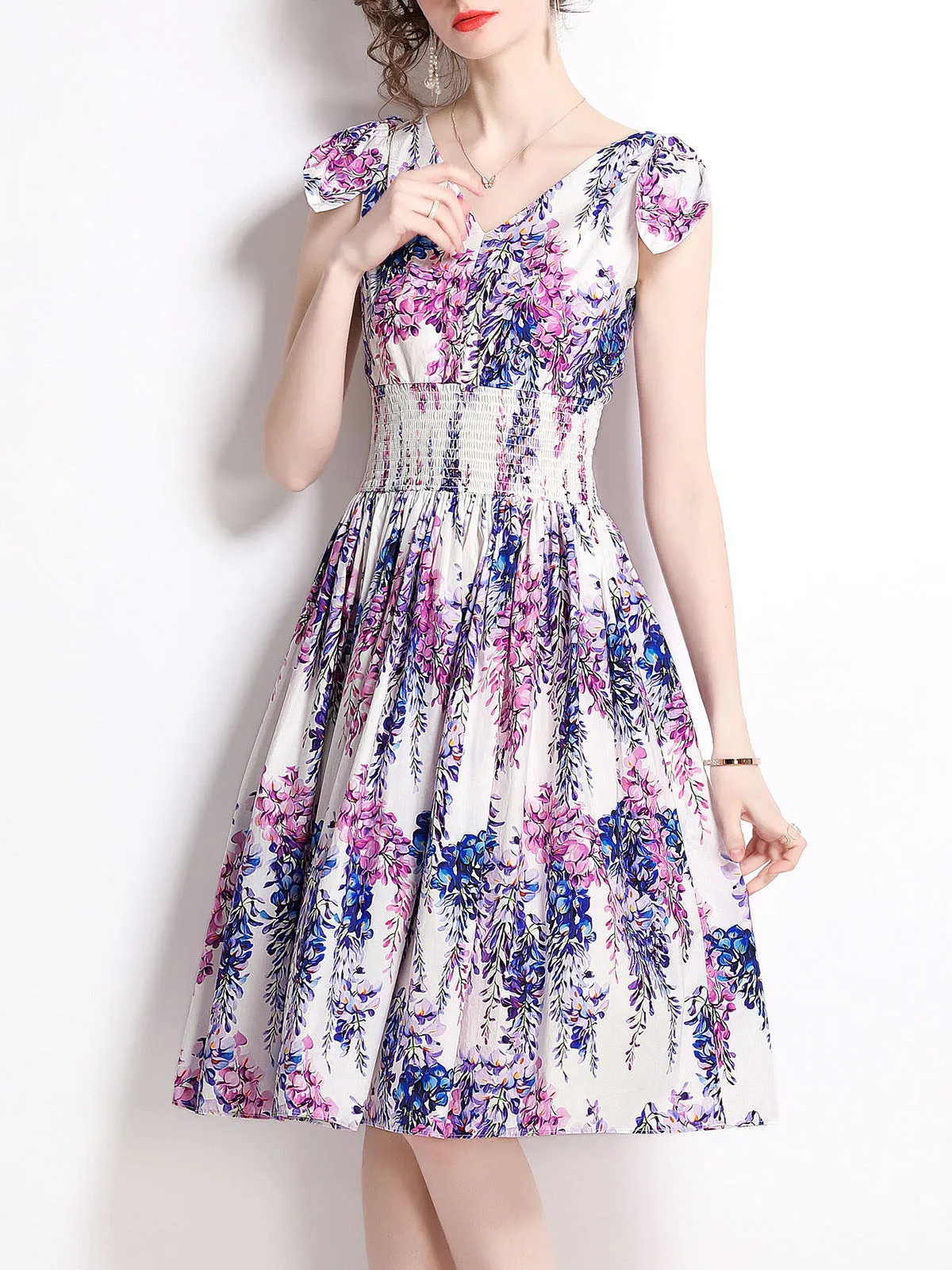 Floral Printed V Neck Sleeveless Stretchable Waist Swing Midi Boho Dress