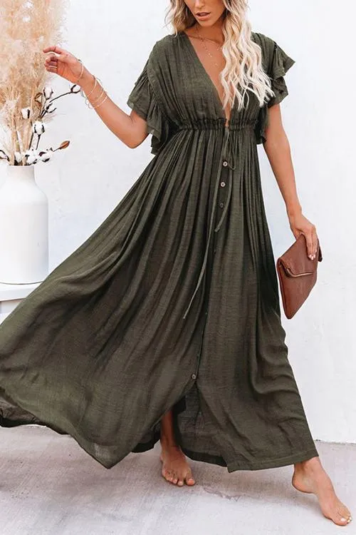 Flytonn-Black Friday Sale - Button Drawstring Waist Bat Maxi Cover Dress