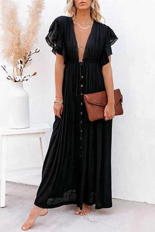 Flytonn-Black Friday Sale - Button Drawstring Waist Bat Maxi Cover Dress