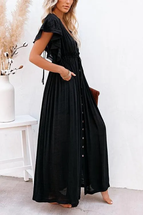 Flytonn-Black Friday Sale - Button Drawstring Waist Bat Maxi Cover Dress