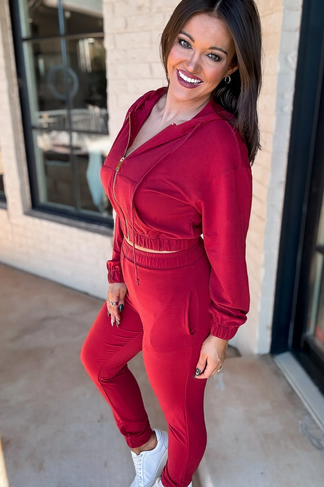 French Terry Crimson Red Cropped Zip-up Hoodie Jogger Set