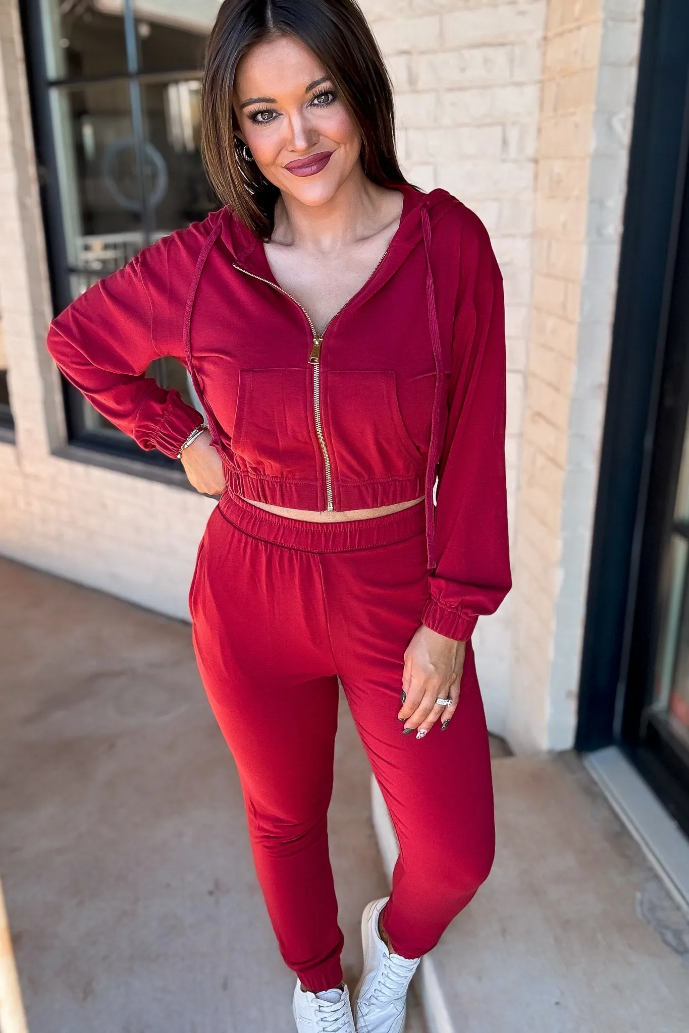 French Terry Crimson Red Cropped Zip-up Hoodie Jogger Set