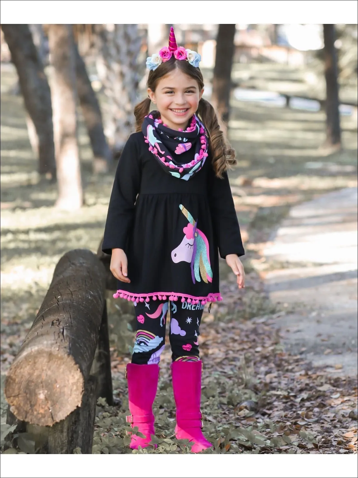 Girls Black Unicorn Themed Tunic, Leggings And Pom Pom Scarf Set