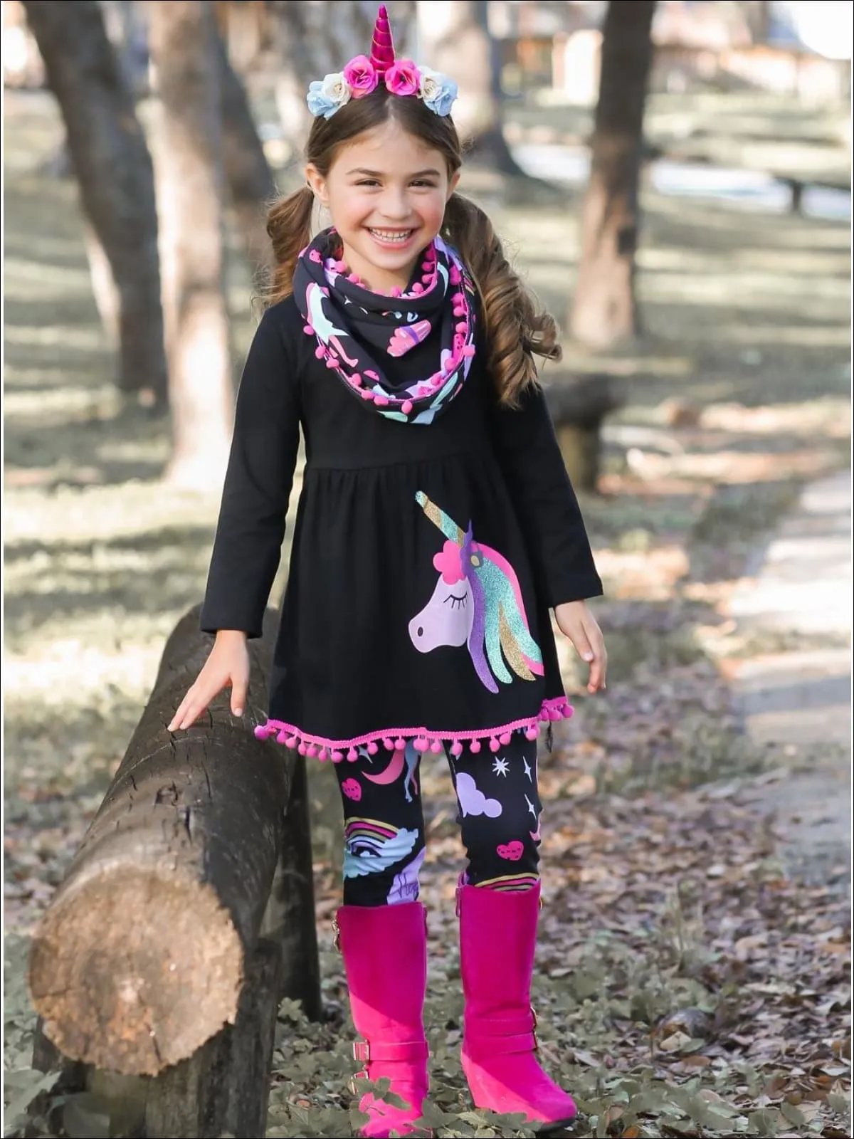 Girls Black Unicorn Themed Tunic, Leggings And Pom Pom Scarf Set