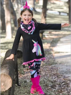 Girls Black Unicorn Themed Tunic, Leggings And Pom Pom Scarf Set