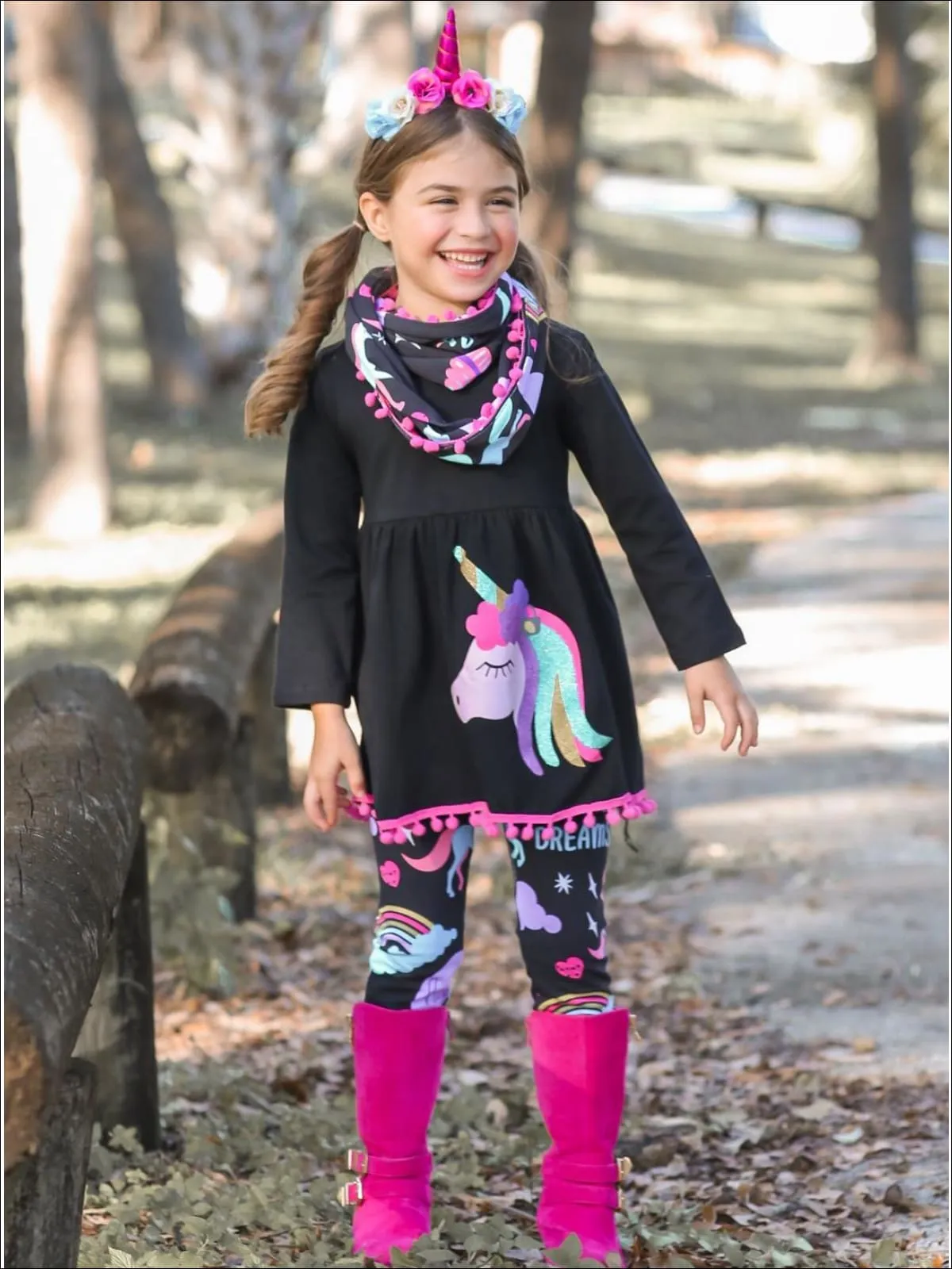 Girls Black Unicorn Themed Tunic, Leggings And Pom Pom Scarf Set