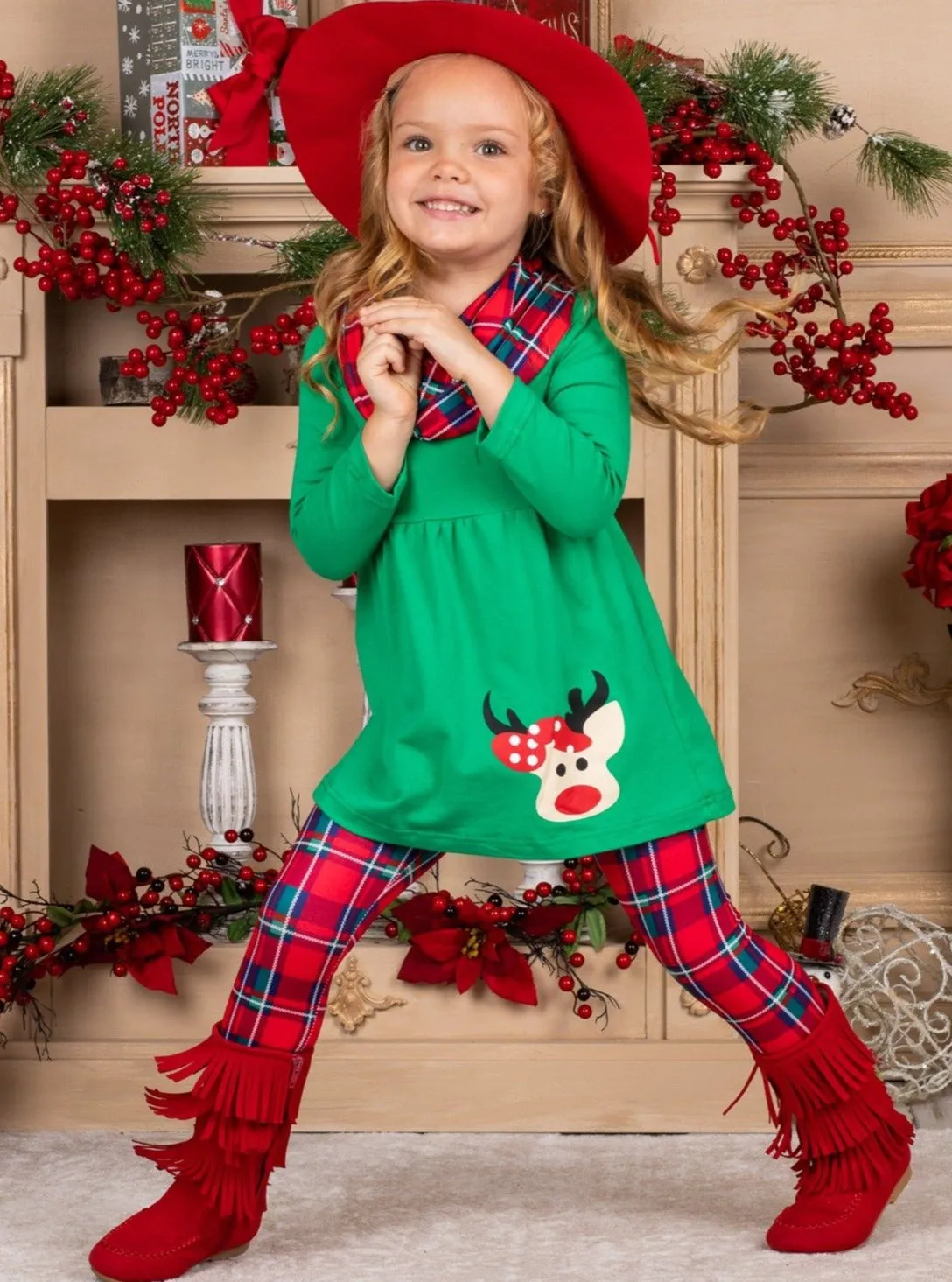 Girls Christmas Themed Green Long Sleeve Rudolph Applique Tunic and Red Plaid Leggings and Scarf Set