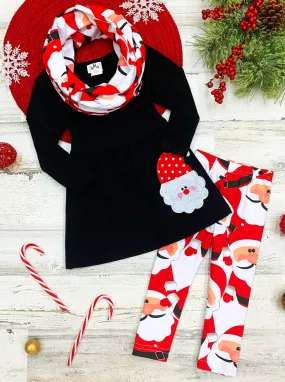 Girls Long Sleeve Santa Applique Tunic, Christmas Leggings And Scarf Set