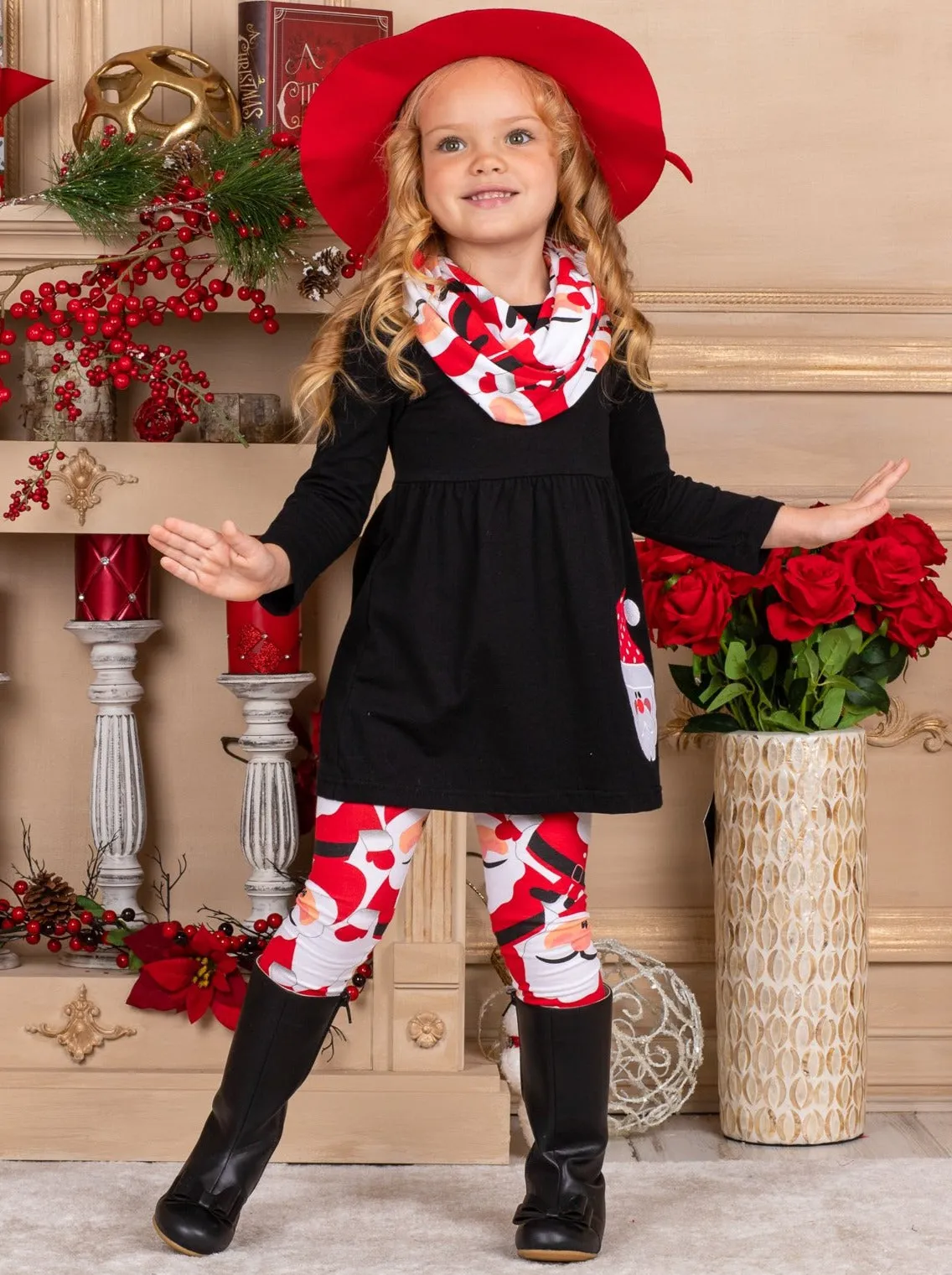 Girls Long Sleeve Santa Applique Tunic, Christmas Leggings And Scarf Set