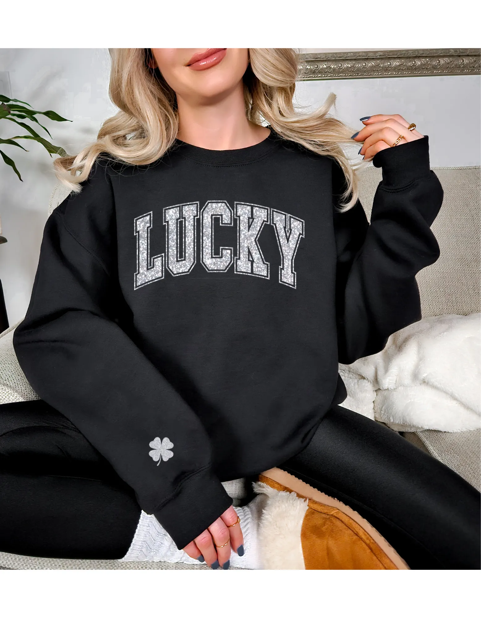 Glitter Lucky Sweatshirt - Irish Sweatshirt - Shamrock Elbow Patch Sweatshirt - St Pattys Sweatshirt - St Patricks Day Outfit -