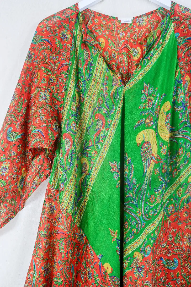 Goddess Dress - Tiger Orange & Green Peacocks - Indian Pure Silk Sari - Free Size