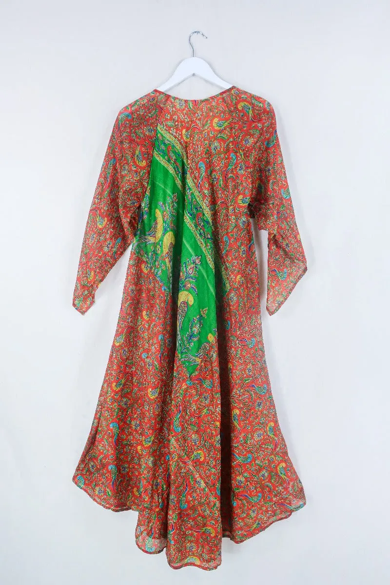 Goddess Dress - Tiger Orange & Green Peacocks - Indian Pure Silk Sari - Free Size